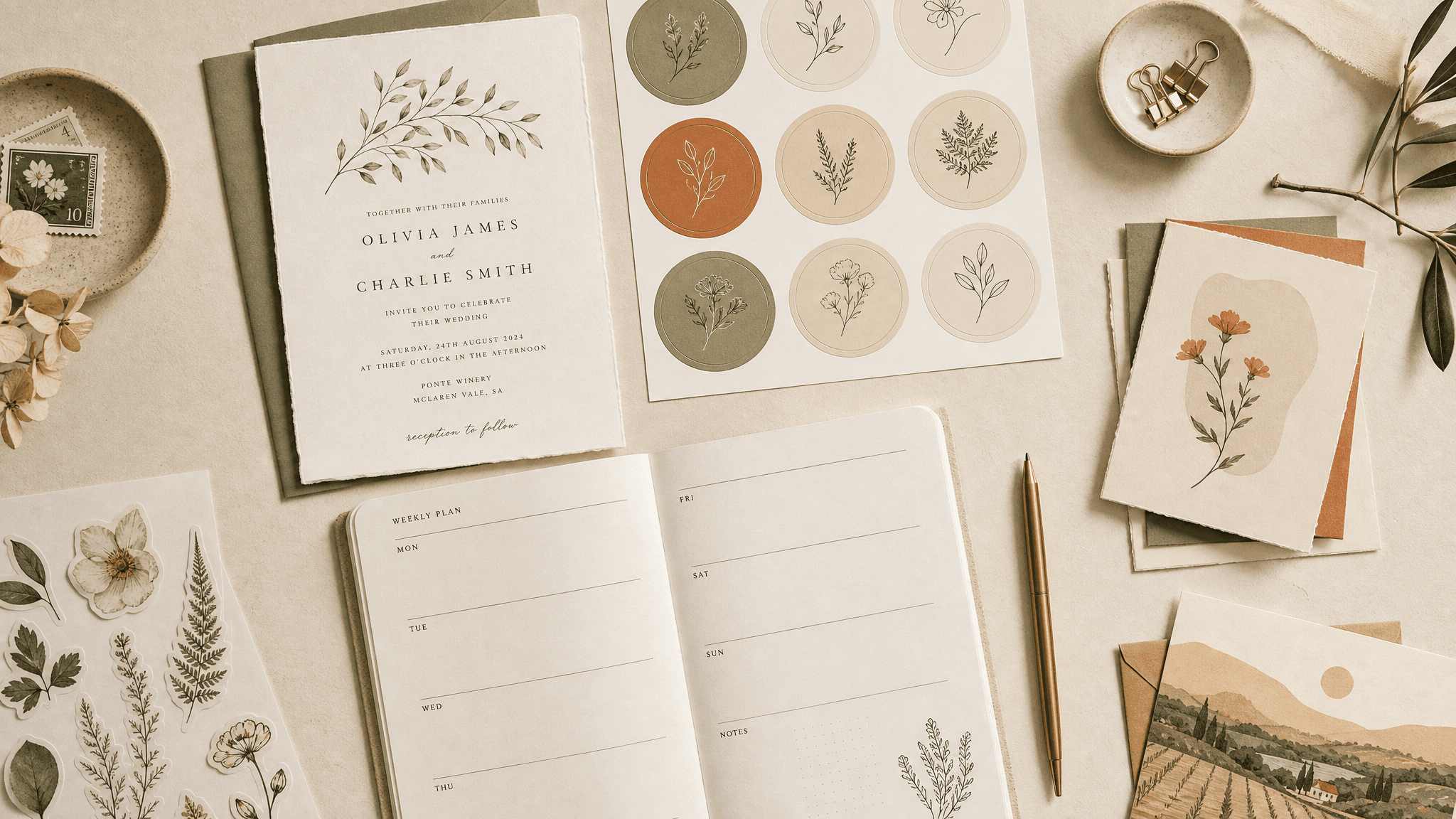 Overhead flat-lay of print-ready stationery: a wedding invitation, candle labels, an open planner page and greeting cards on cream paper