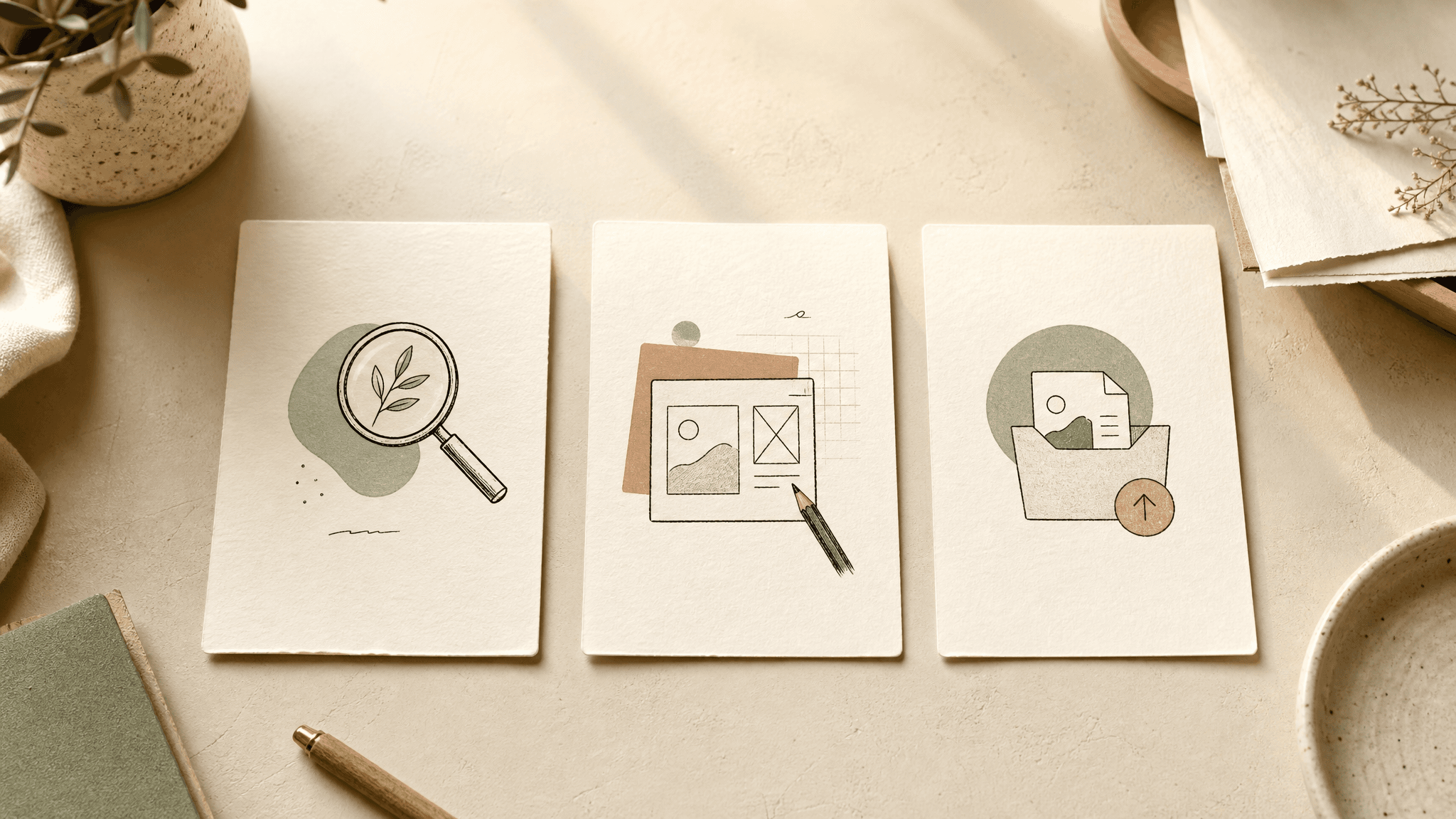 Three paper cards showing describe, design and export steps